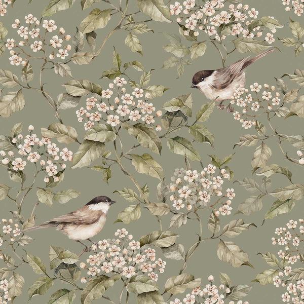 Behang Vogels en Bloesem Groen
