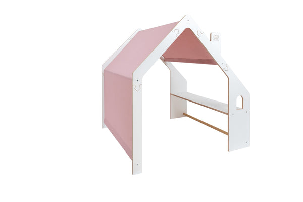 Houten Speelhuisje Wit met Roze Dak