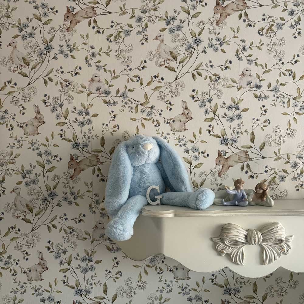 Behang kinderkamer – eendjes en konijntjes beige
