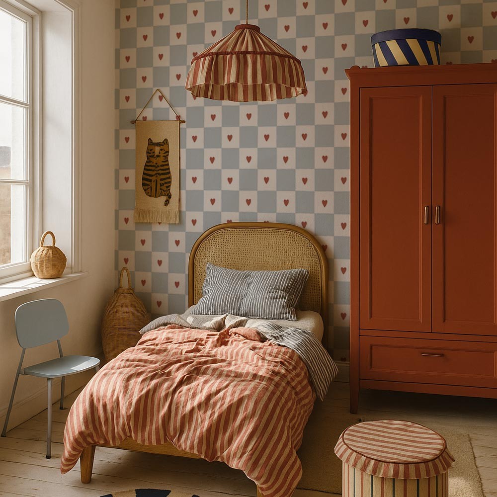 Behang kinderkamer – Franse ruit met hartjes