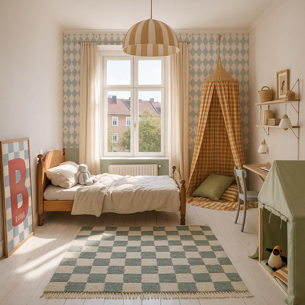Behang kinderkamer – Franse ruiten met sterren blauw – afbeelding 3