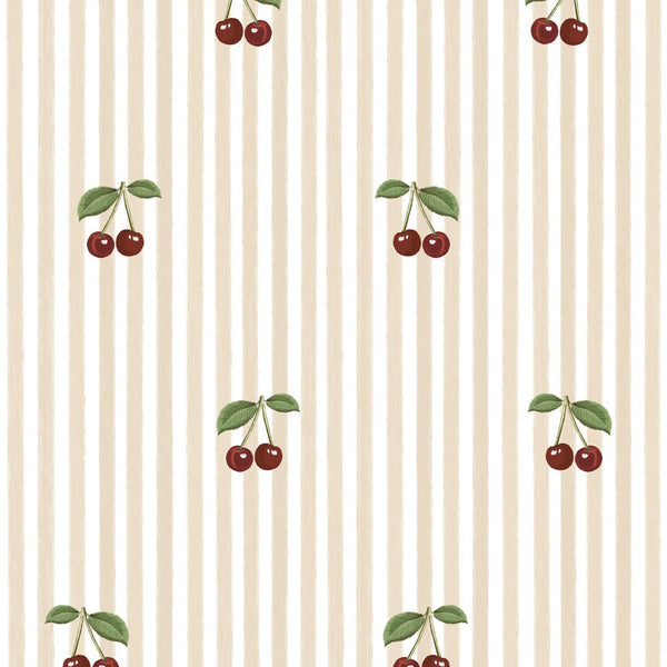 Behang Kersjes op Strepen Beige