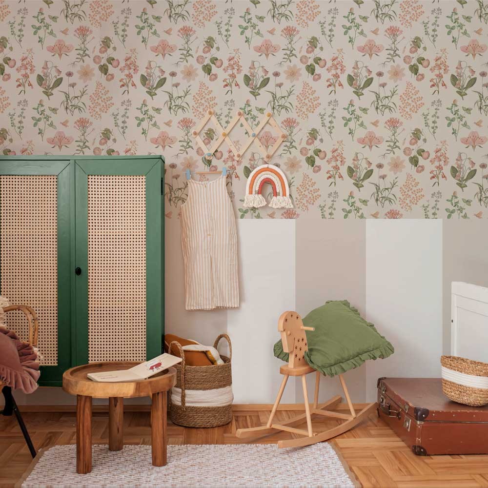 Behang kinderkamer – kruiden en bloemen groen zalm – afbeelding 2