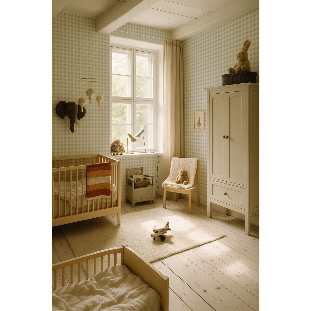 Behang kinderkamer – mini-ruit blauw en crème