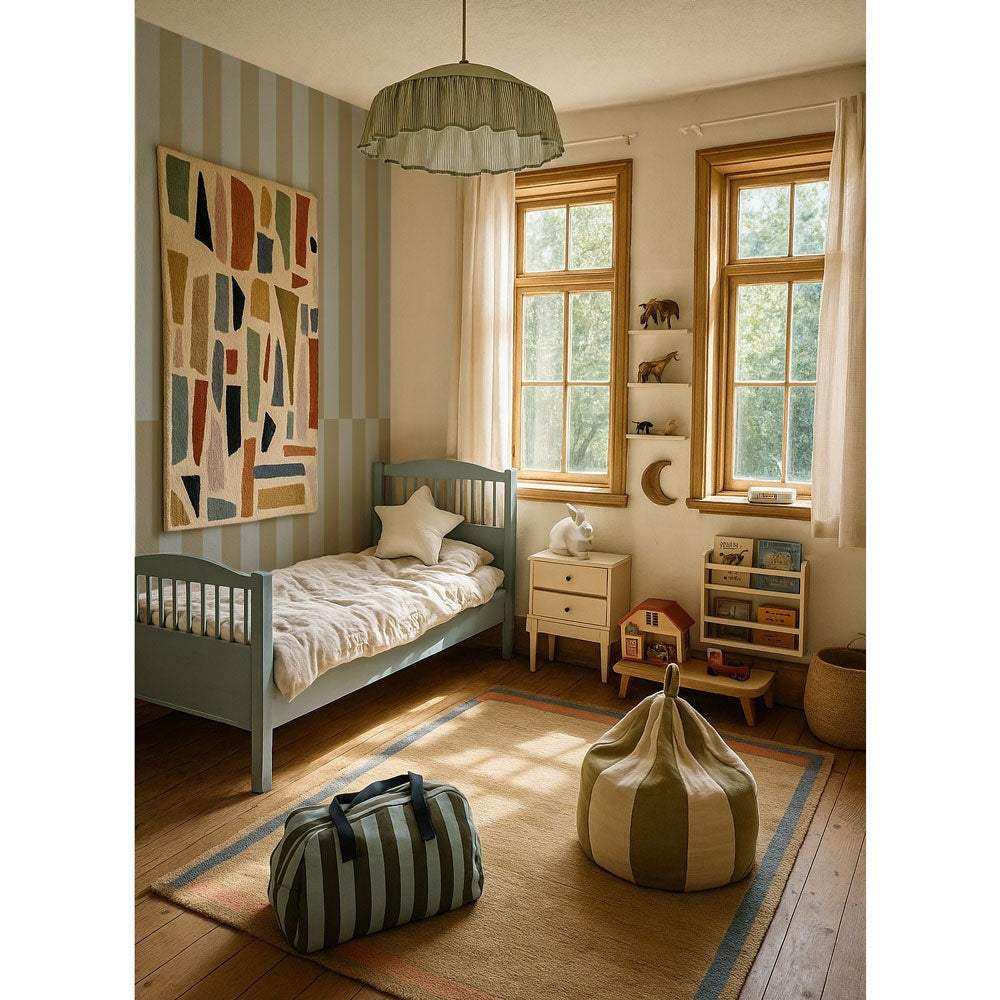 Behang kinderkamer – omgekeerde strepen blauw en groen