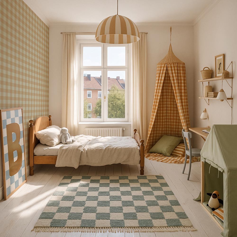 Behang kinderkamer – ruit bruin en groen