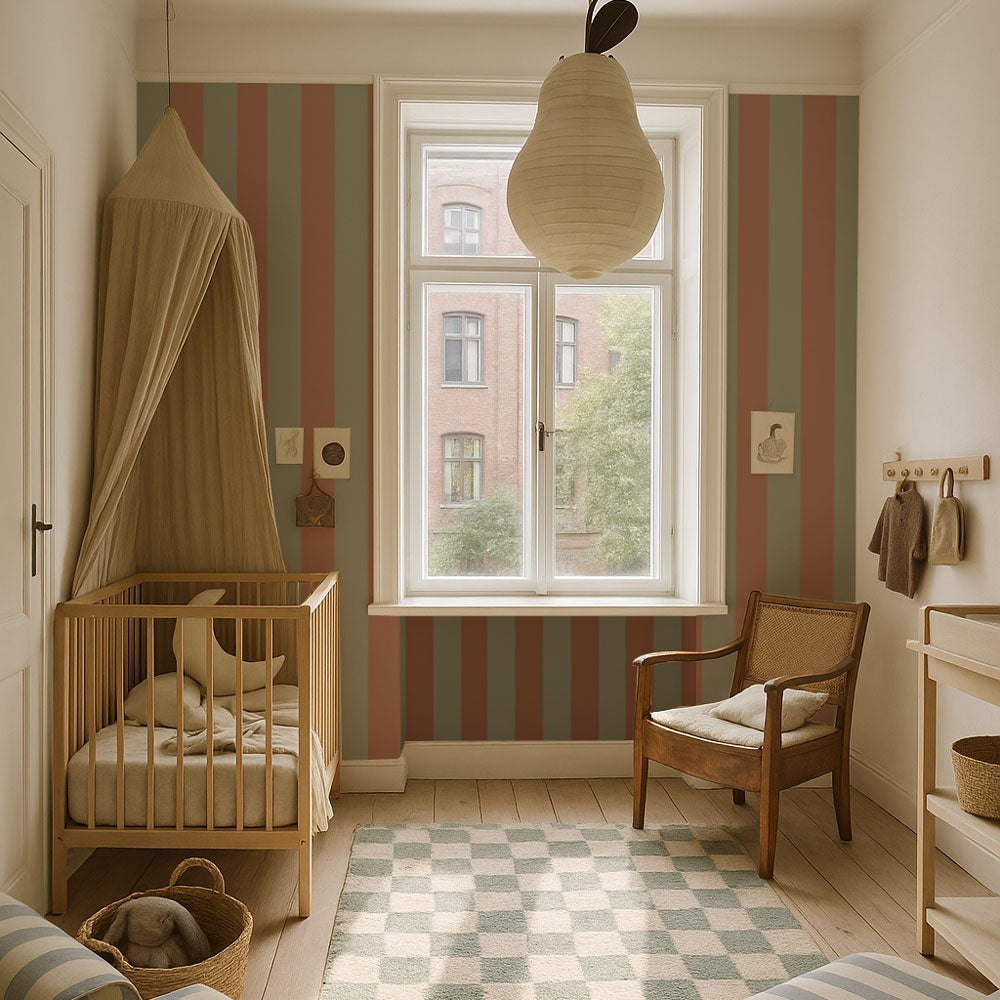 Behang kinderkamer – strepen groen en bruin