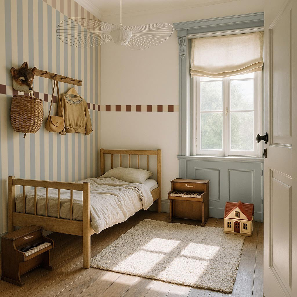 Behang kinderkamer – strepen Nostalgia blauw beige