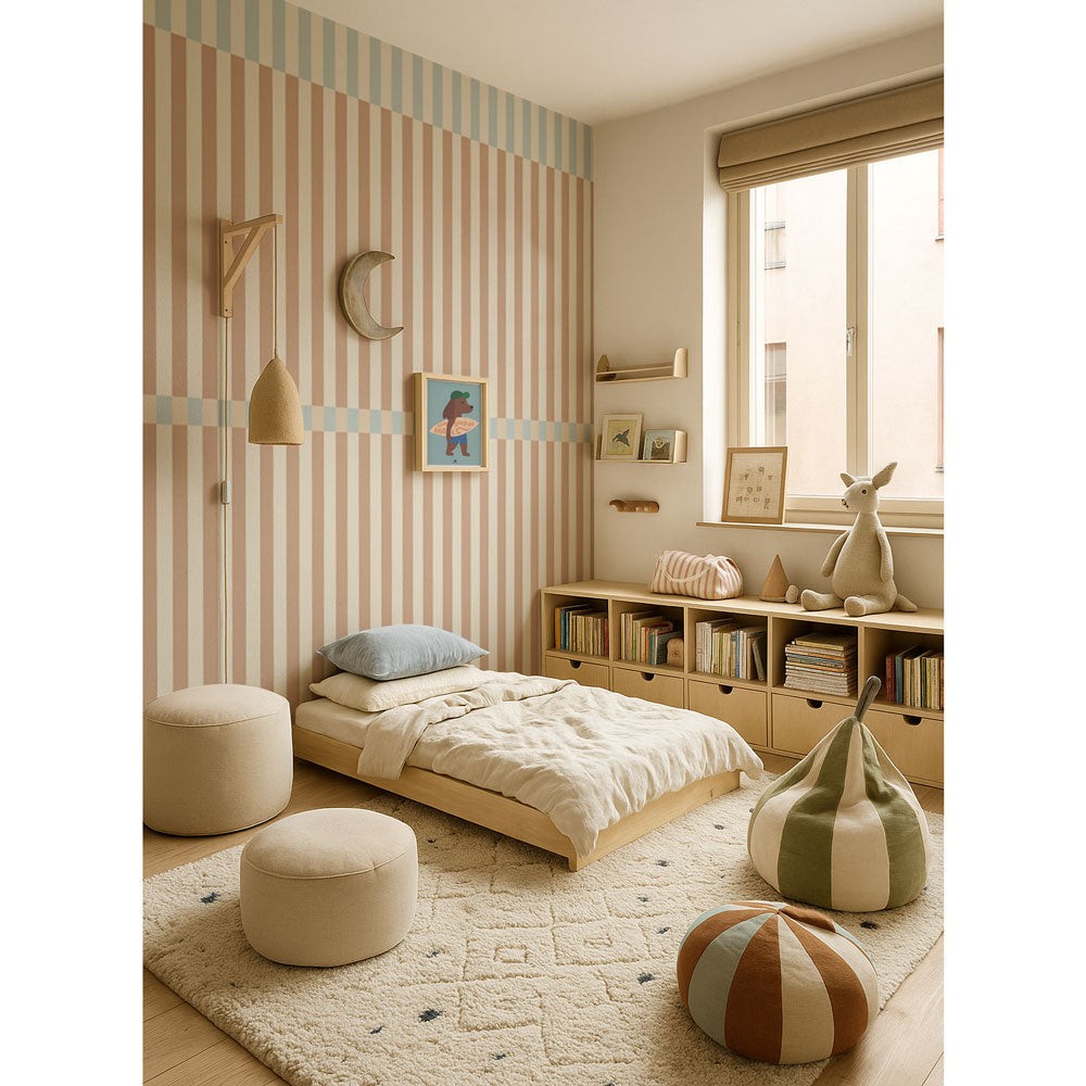Behang kinderkamer – strepen Nostalgia bruin blauw