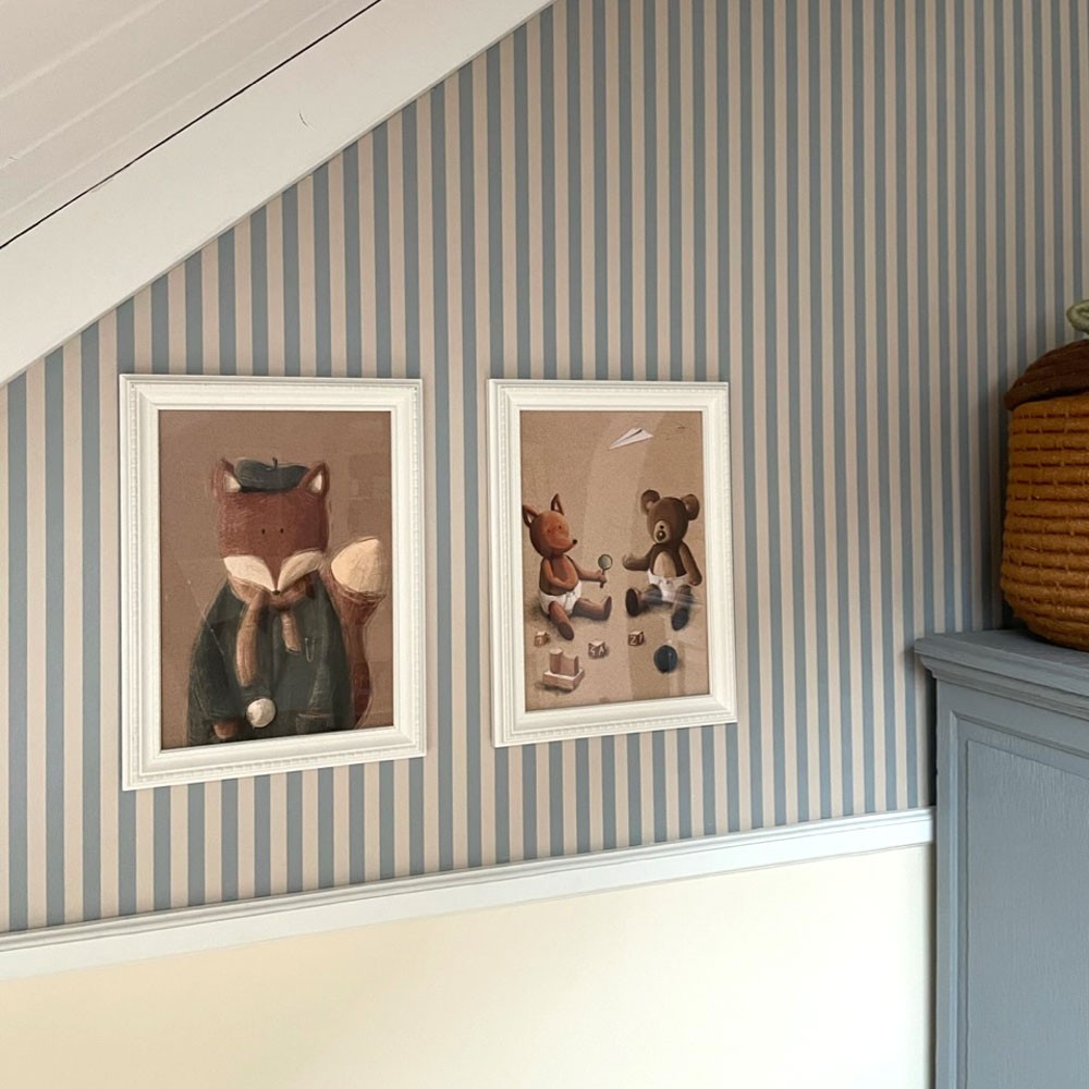 Behang kinderkamer – vintage strepen beige en blauw – afbeelding 2