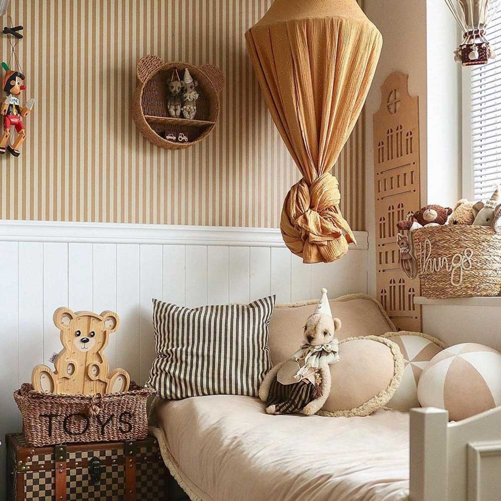 Behang kinderkamer – vintage strepen beige en bruin – afbeelding 2