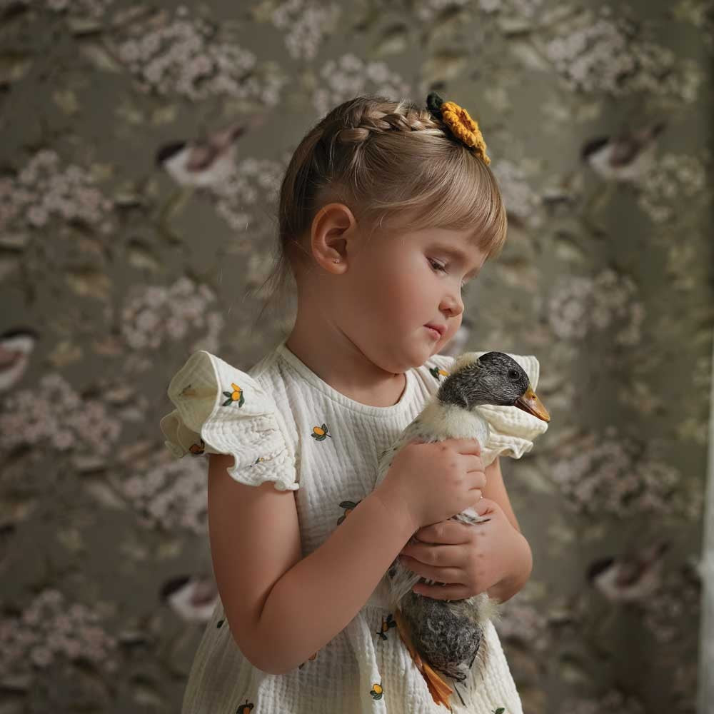 Behang kinderkamer – vogels en bloesemtakken groen – afbeelding 3