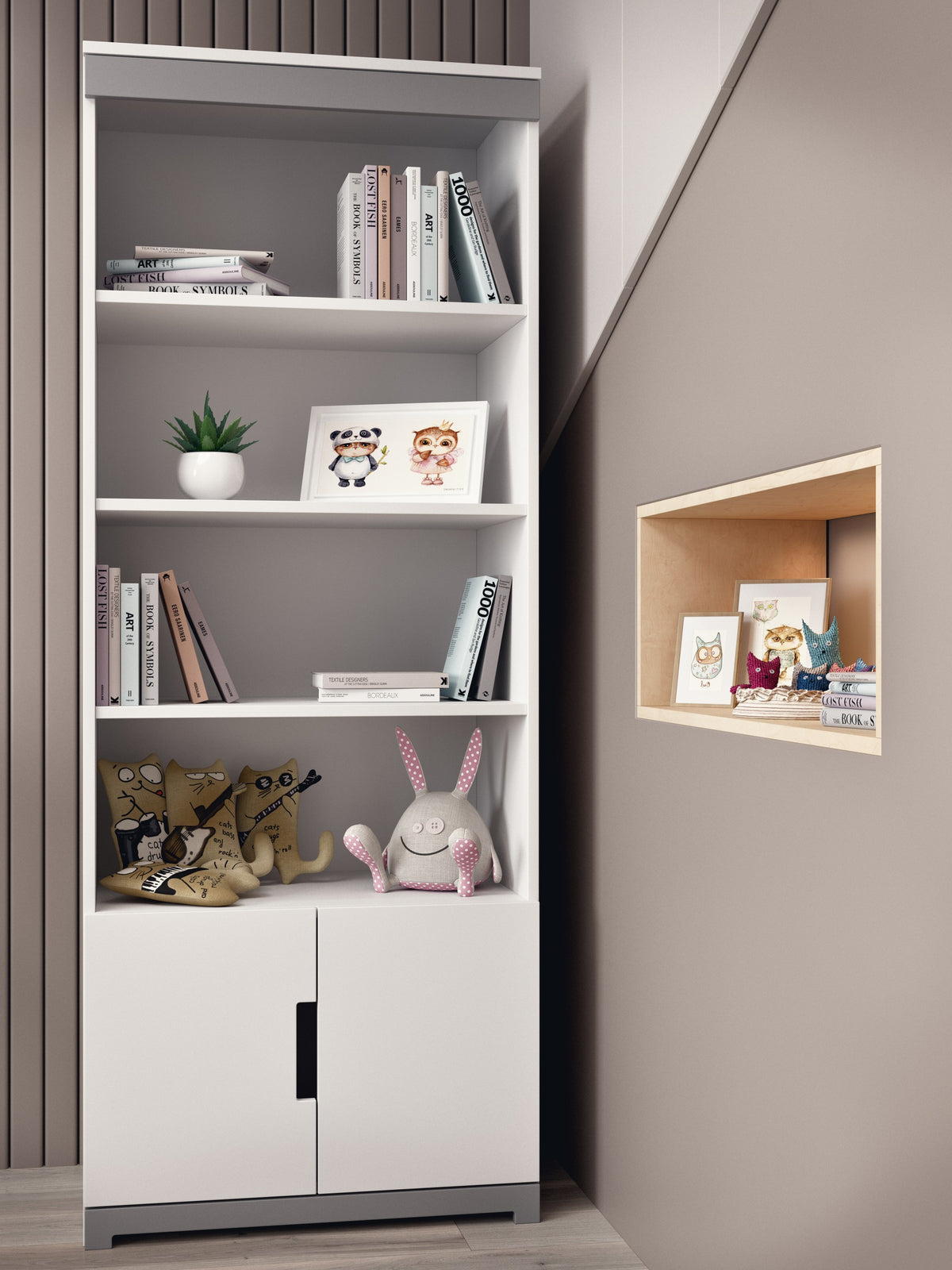 Boekenkast kinderkamer Tomi wit met grijs – afbeelding 2