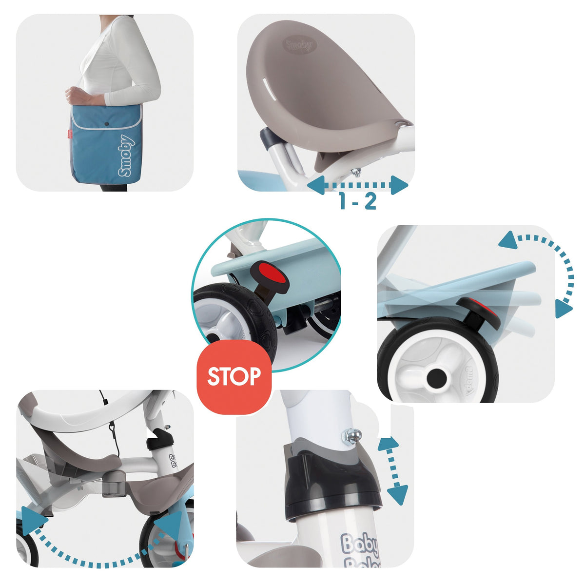 Driewieler met duwstang Baby Balade Plus blauw – afbeelding 8