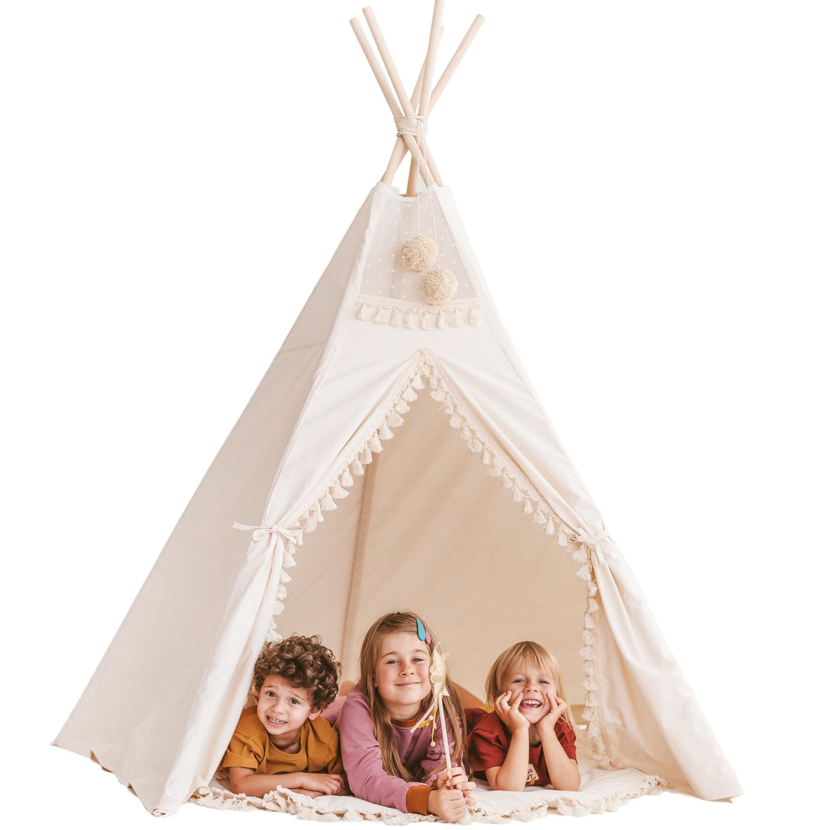Grote tipi tent XL ecru met kwastjes
