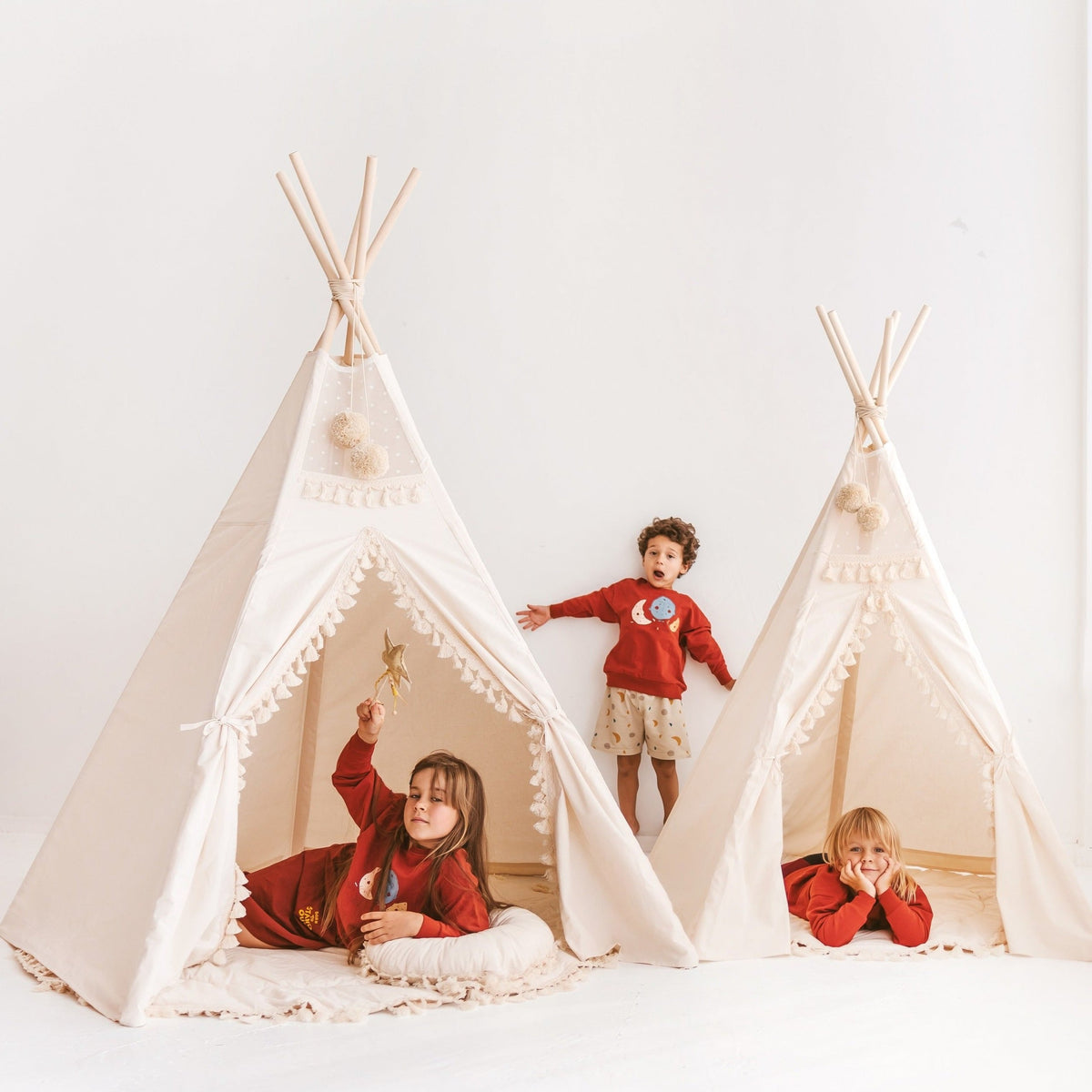 Grote tipi tent XL ecru met kwastjes – afbeelding 3