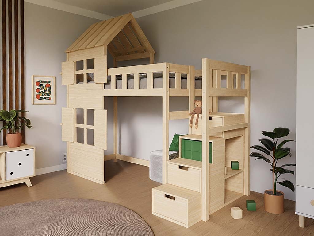 Hoogslaper COTTAGE met half dak en opbergtrap 90x200 cm – afbeelding 4