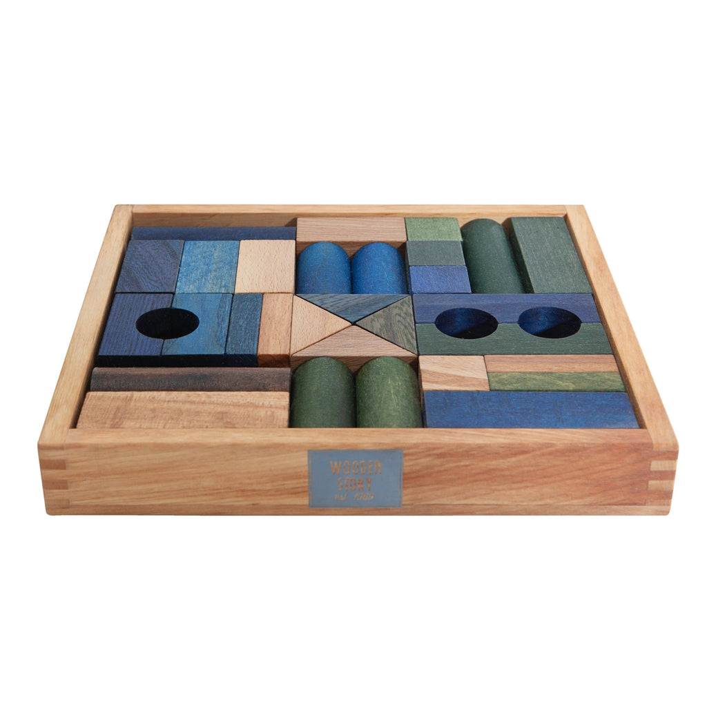 Houten blokken in kist – koele kleuren, 30 stuks – afbeelding 2