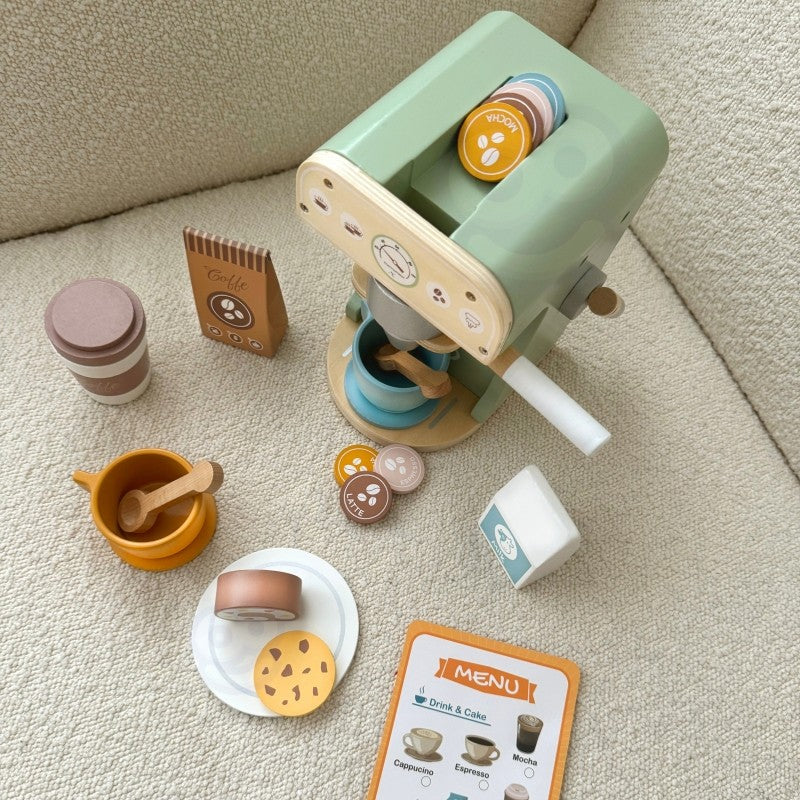 Houten keuken speelgoed – koffiezetapparaat baristaset 25-delig – afbeelding 10
