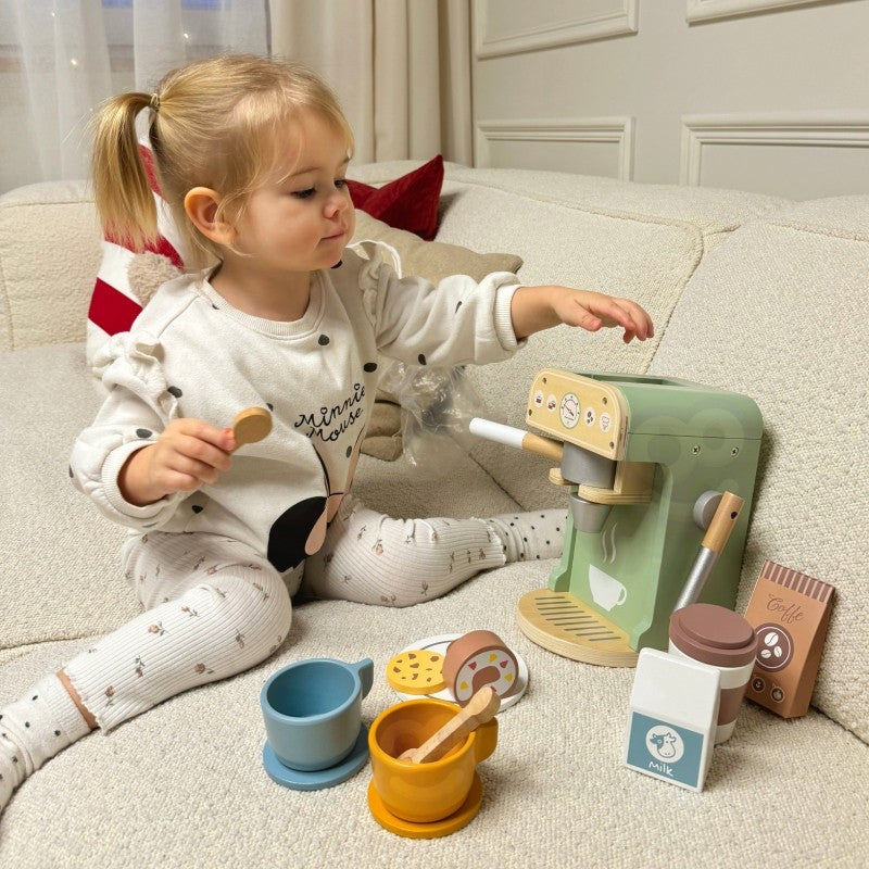 Houten keuken speelgoed – koffiezetapparaat baristaset 25-delig – afbeelding 12