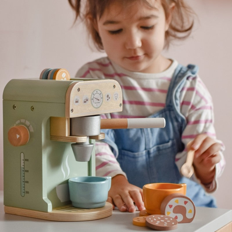 Houten keuken speelgoed – koffiezetapparaat baristaset 25-delig – afbeelding 14