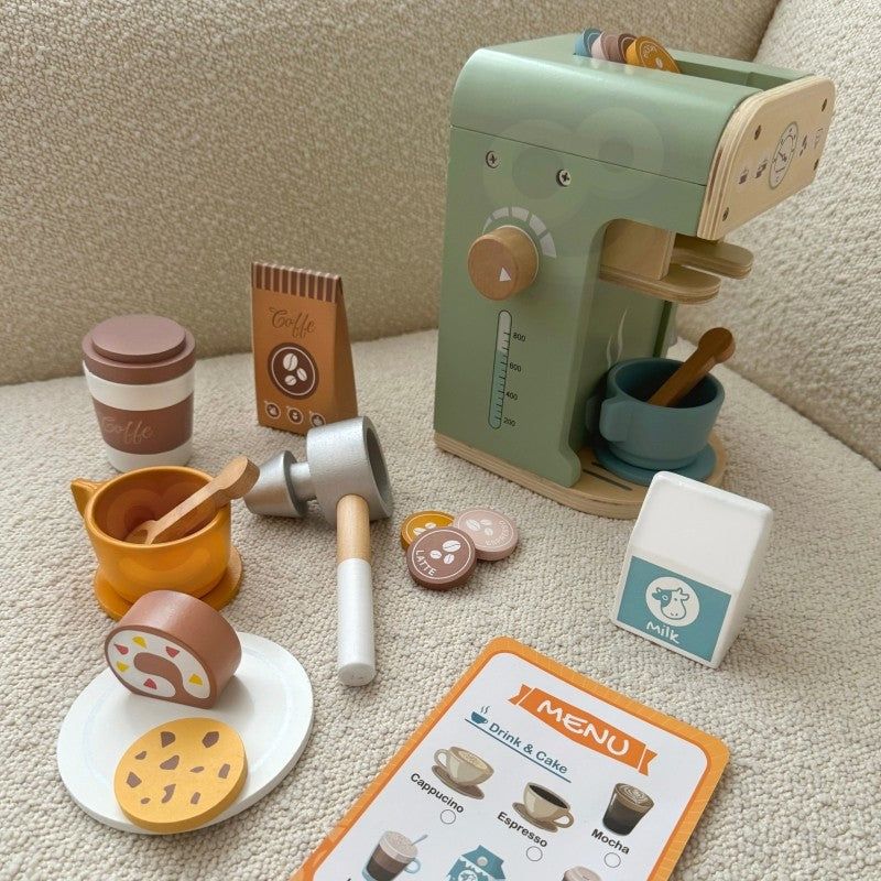 Houten keuken speelgoed – koffiezetapparaat baristaset 25-delig – afbeelding 7