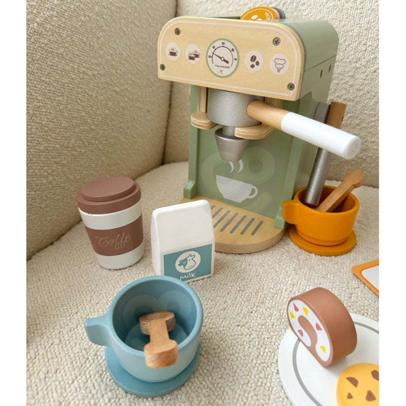 Houten keuken speelgoed – koffiezetapparaat baristaset 25-delig – afbeelding 9
