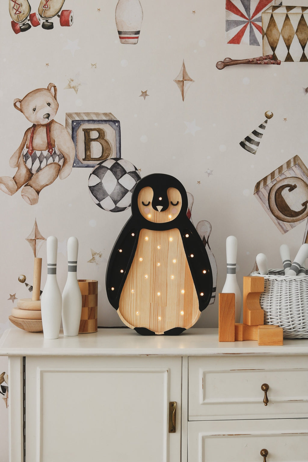 Houten lamp kinderkamer pinguïn – nachtlamp met dimmer