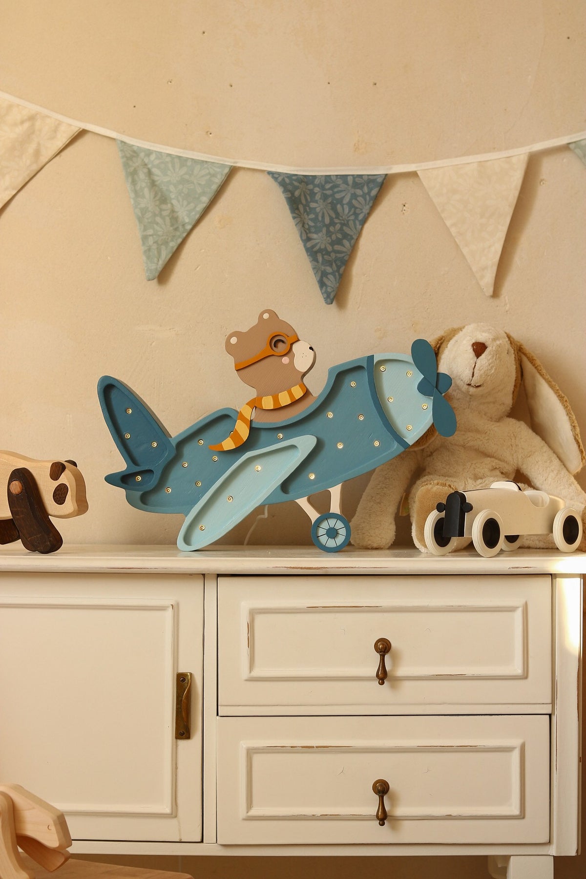 Houten lamp kinderkamer vintage vliegtuig – nachtlamp met dimmer – afbeelding 4