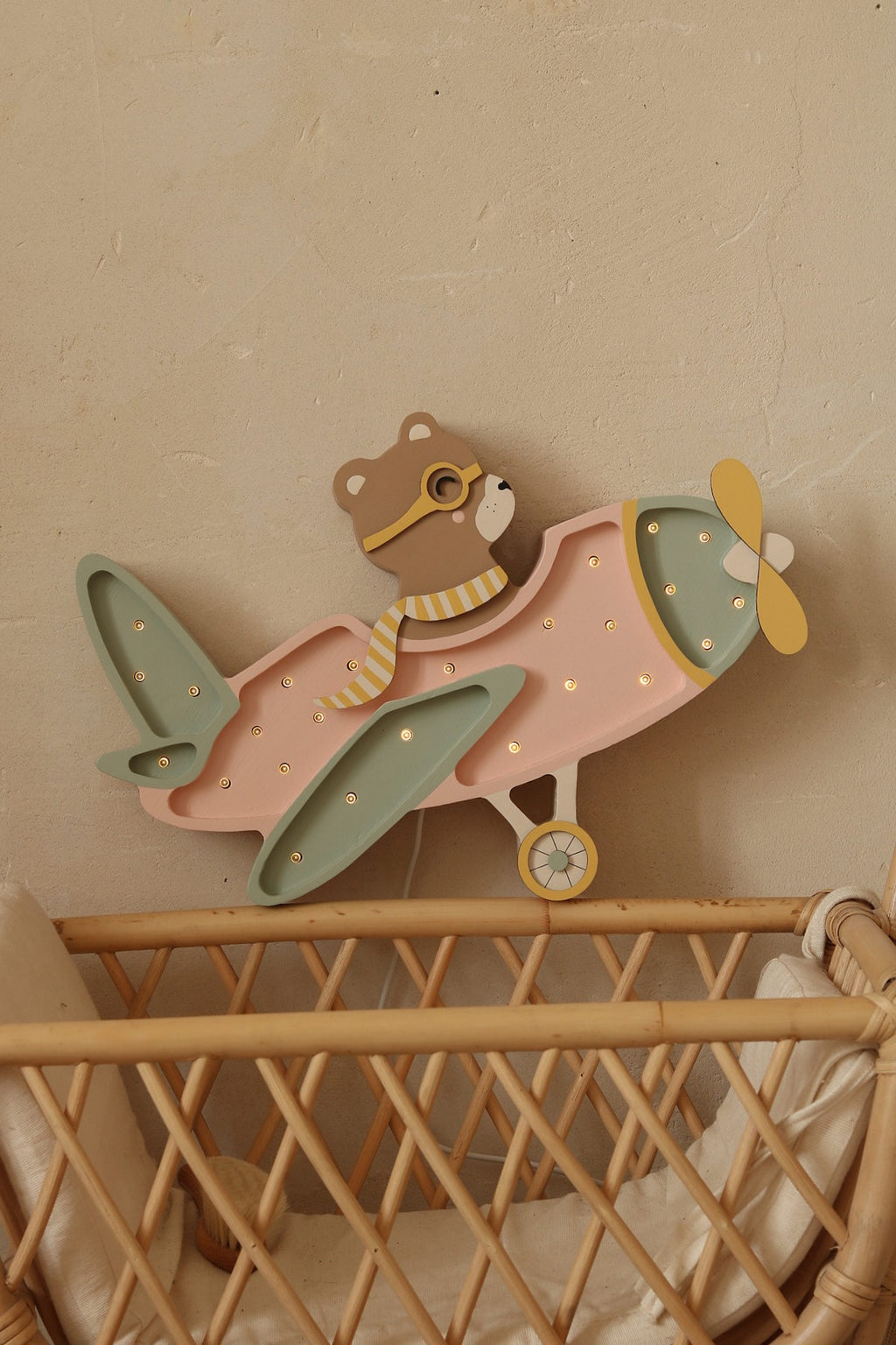 Houten lamp kinderkamer vintage vliegtuig – nachtlamp met dimmer – afbeelding 6