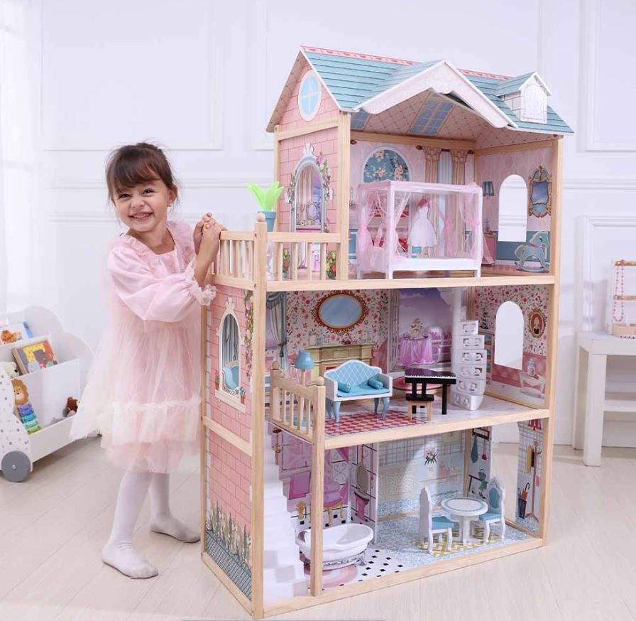 Houten poppenhuis Emily met ledverlichting – afbeelding 2