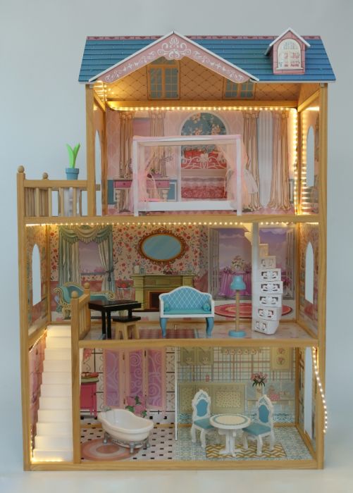 Houten poppenhuis Emily met ledverlichting – afbeelding 3