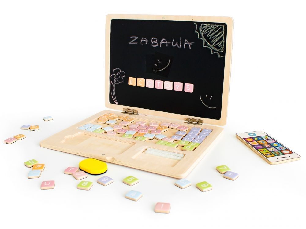 Houten speelgoed laptop met telefoon