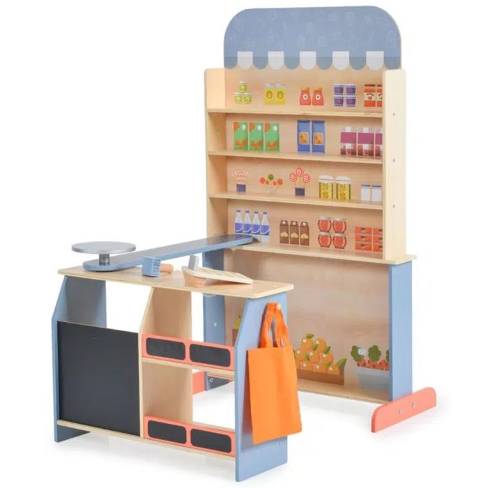 Houten speelgoed winkel – supermarkt met kassa en weegschaal