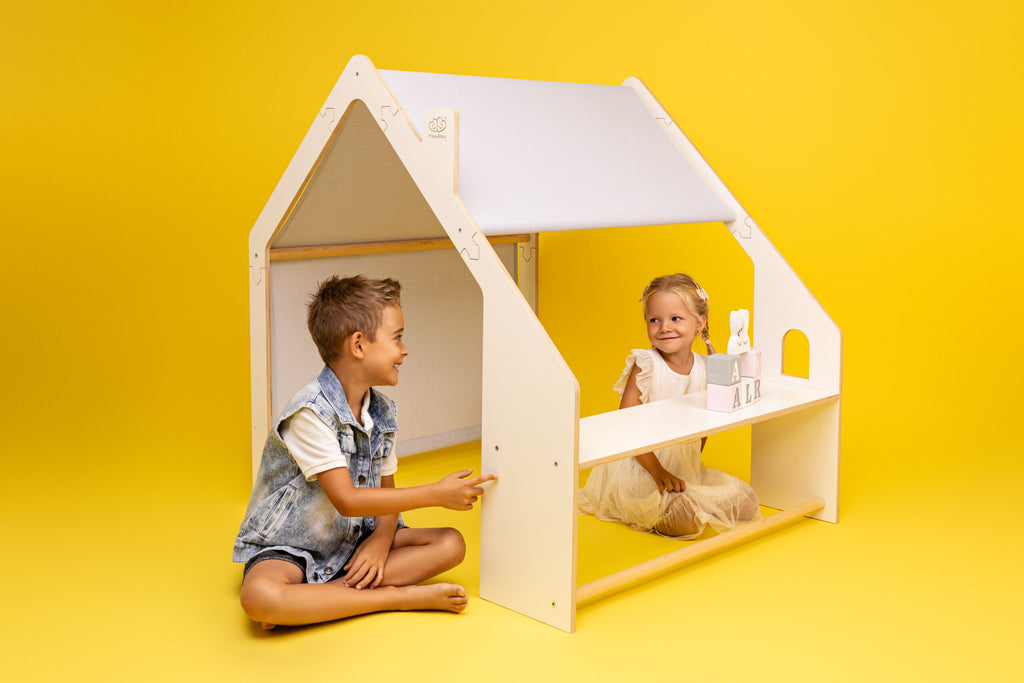 Houten speelhuisje naturel – dak blauw