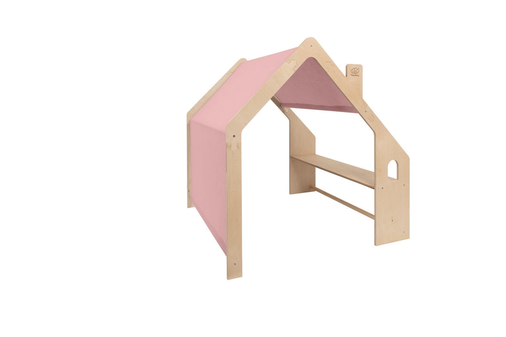Houten speelhuisje naturel met roze dak