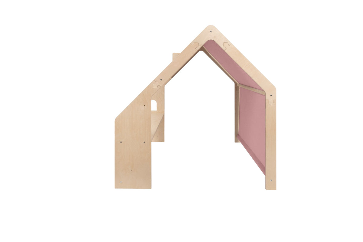 Houten speelhuisje naturel met roze dak – afbeelding 4