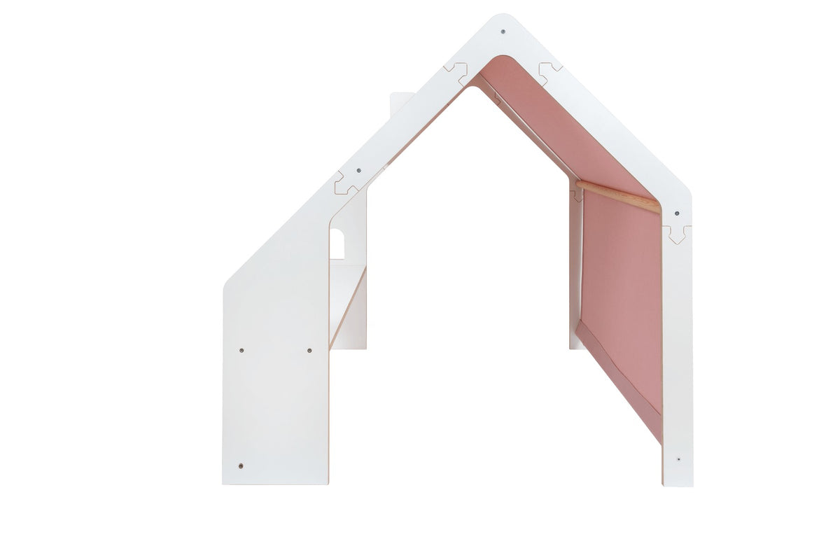 Houten speelhuisje wit – dak roze – afbeelding 2