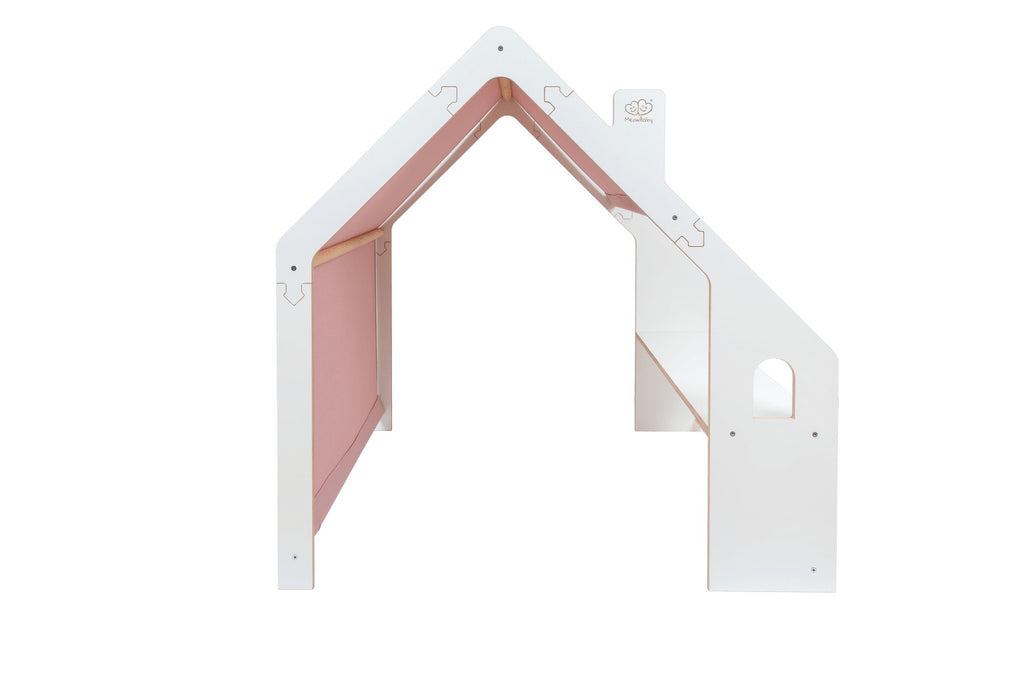Houten speelhuisje wit – dak roze – afbeelding 4