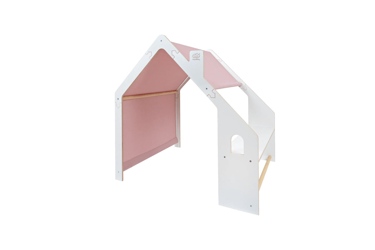 Houten speelhuisje wit – dak roze – afbeelding 5