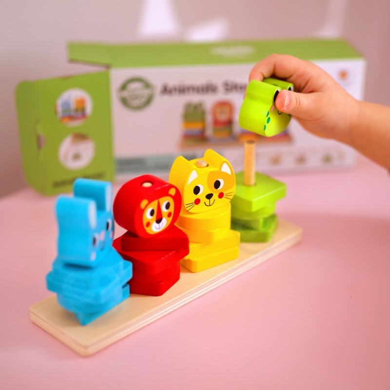Houten stapelpuzzel met dieren – montessori sorteerspel