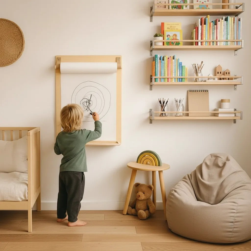 Houten wandtekenbord met papierrolhouder – afbeelding 2