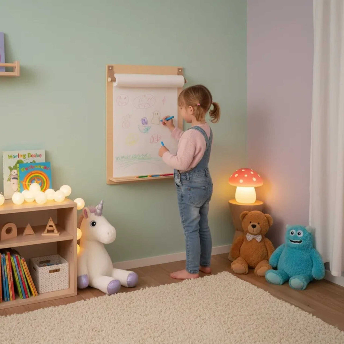 Houten wandtekenbord met papierrolhouder – afbeelding 3