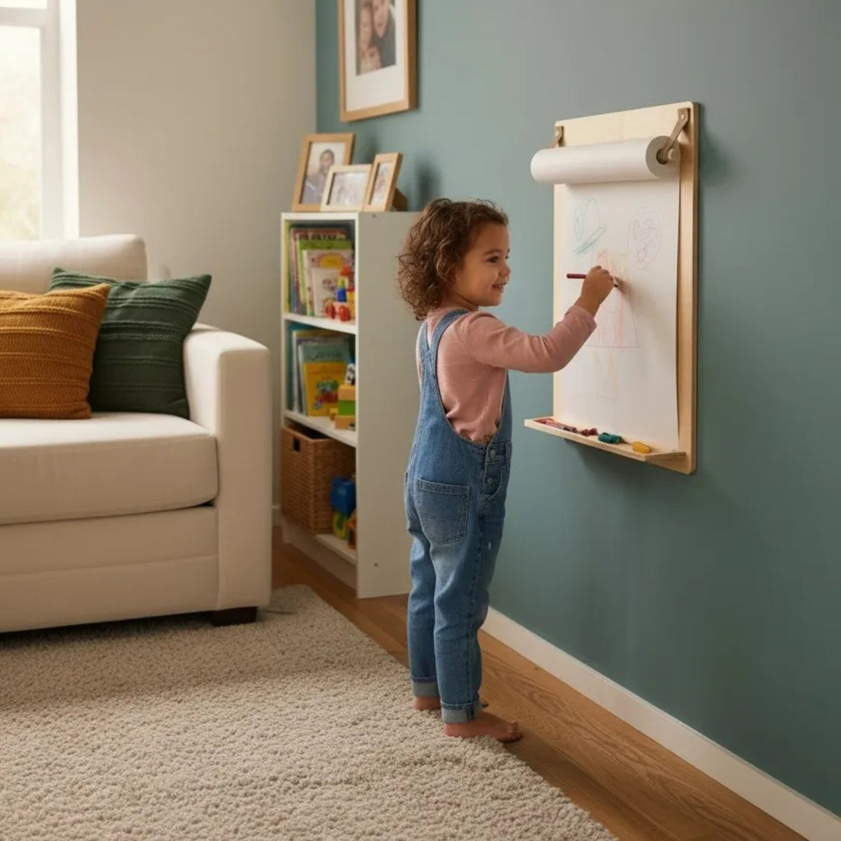 Houten wandtekenbord met papierrolhouder – afbeelding 4