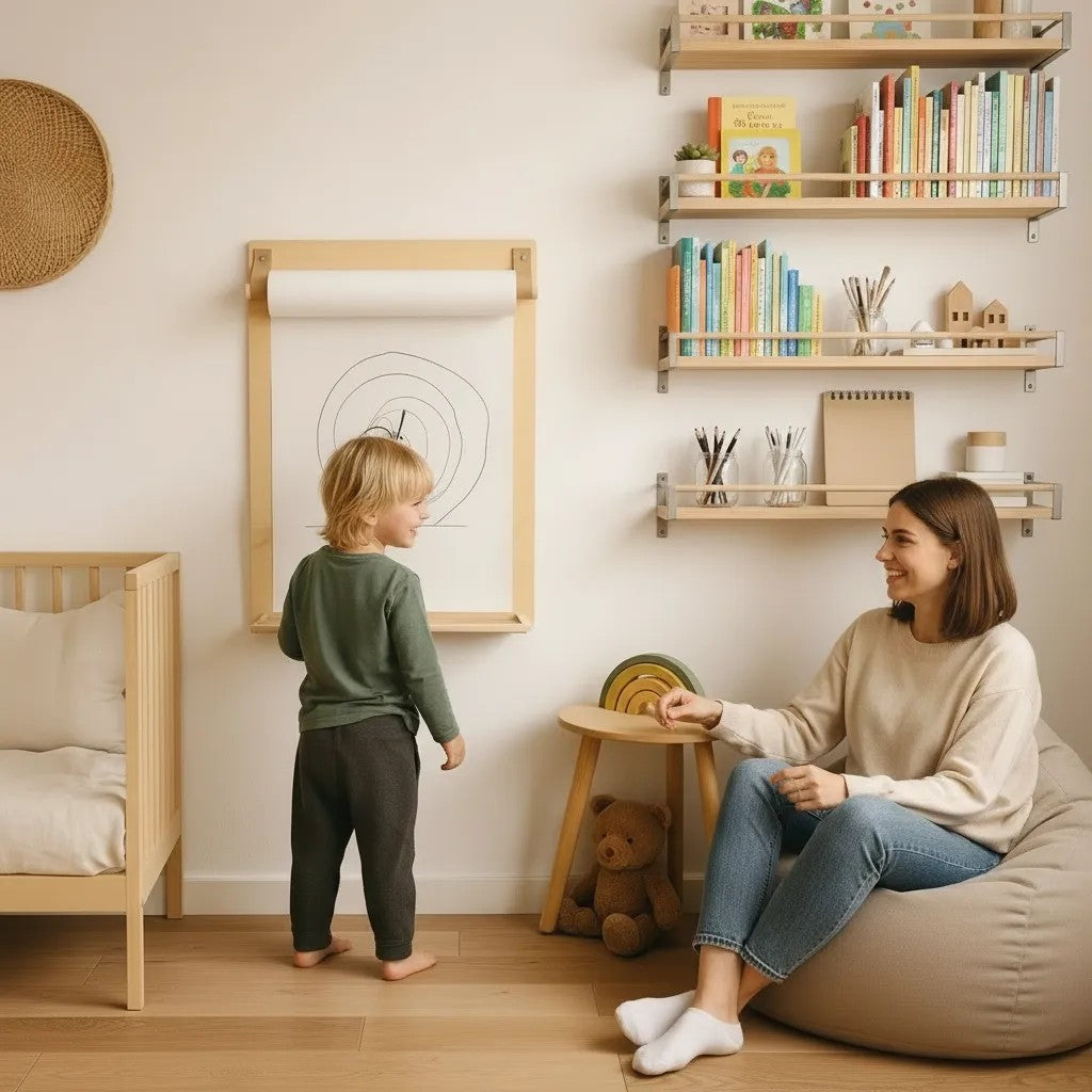 Houten wandtekenbord met papierrolhouder – afbeelding 5