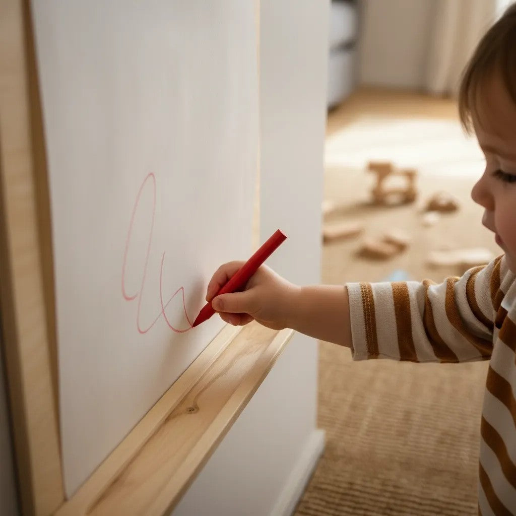 Houten wandtekenbord met papierrolhouder – afbeelding 6