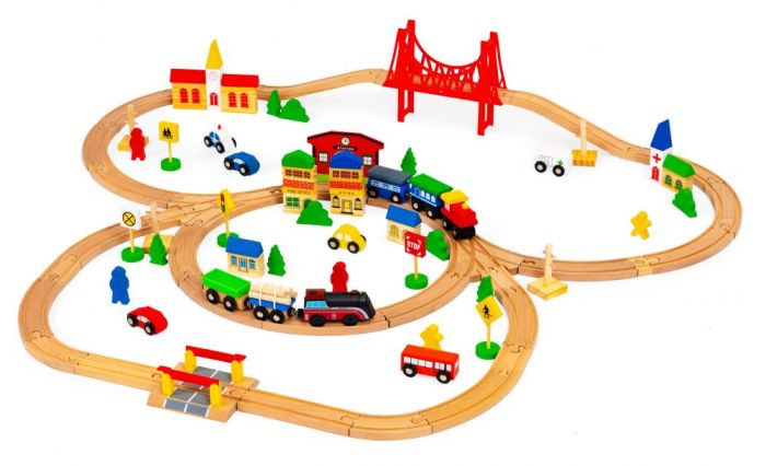 Houten treinbaan 90-delig met locomotief op batterij – afbeelding 3