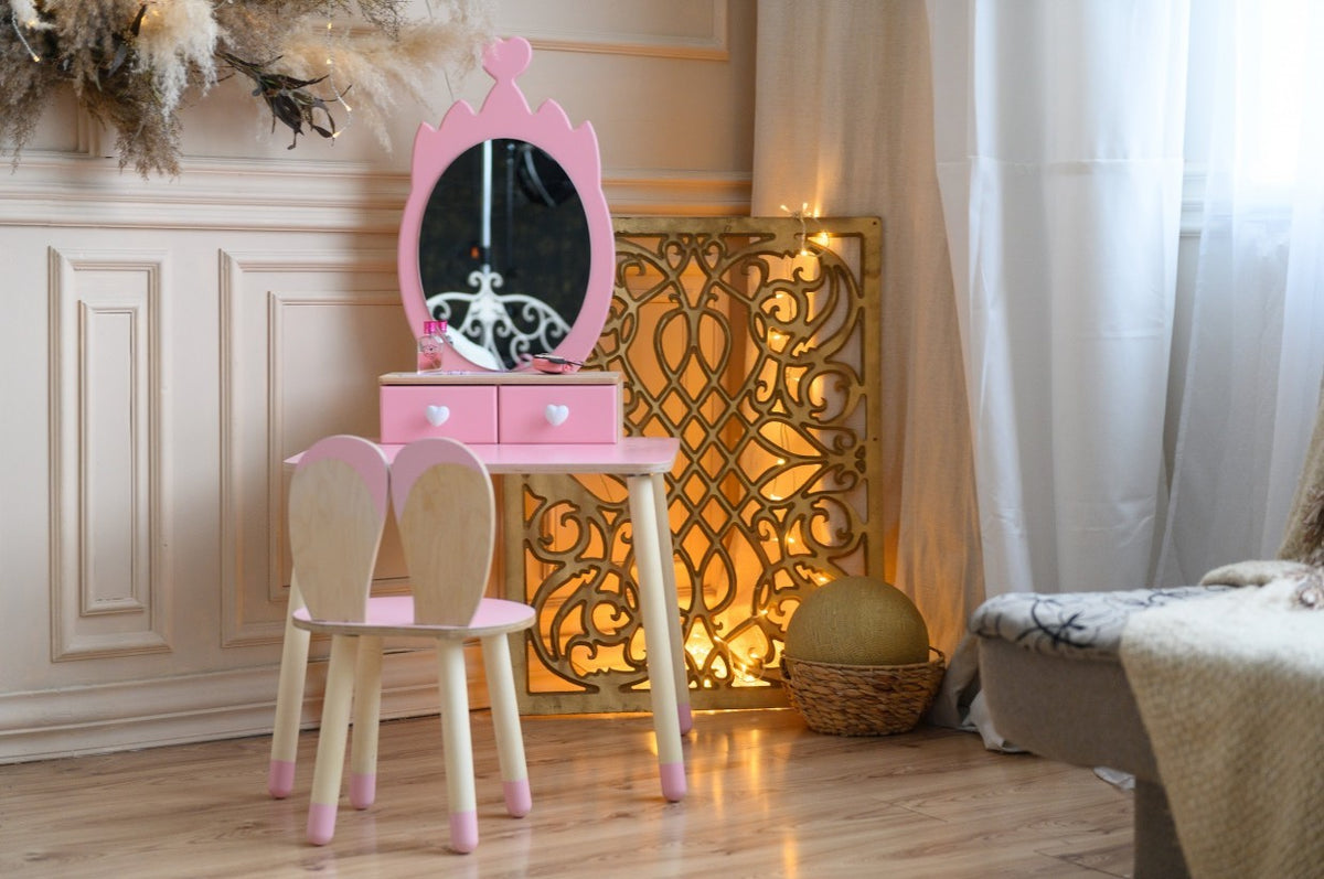 Kaptafel kind met spiegel en stoel – kroon – afbeelding 2