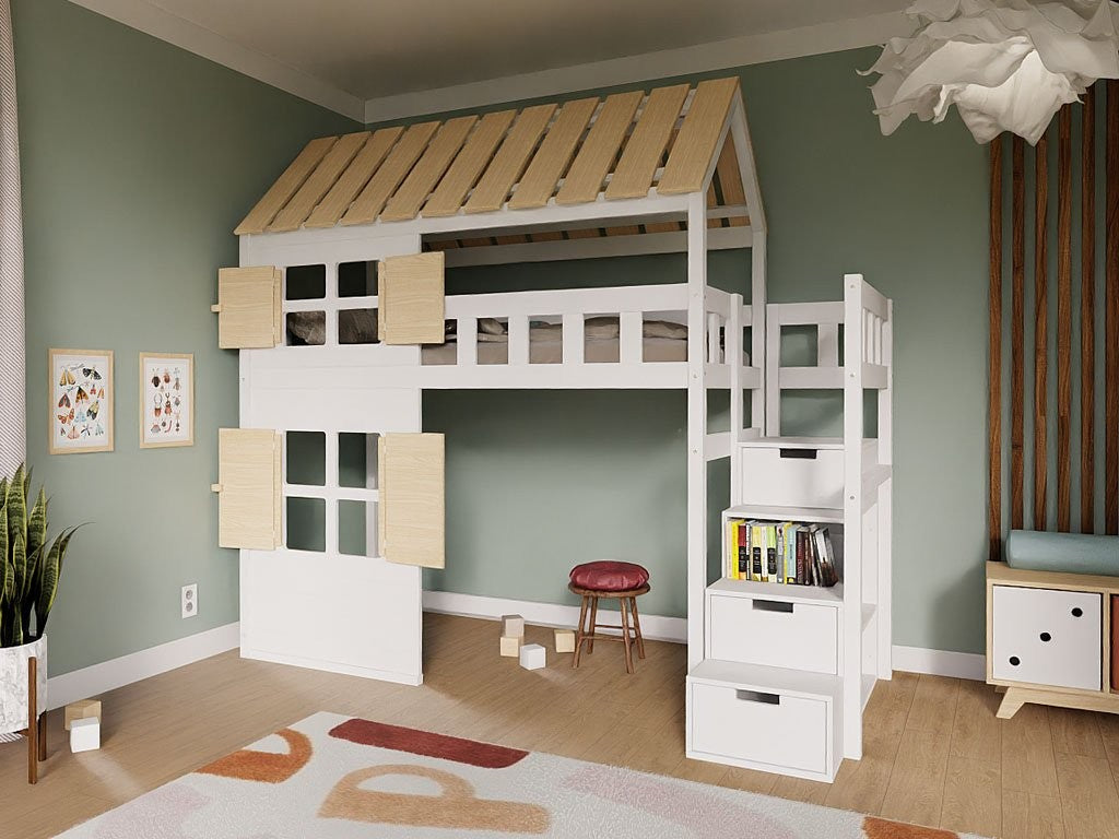 Kinderbed huisje COTTAGE – halfhoogslaper met opbergtrap 90x200