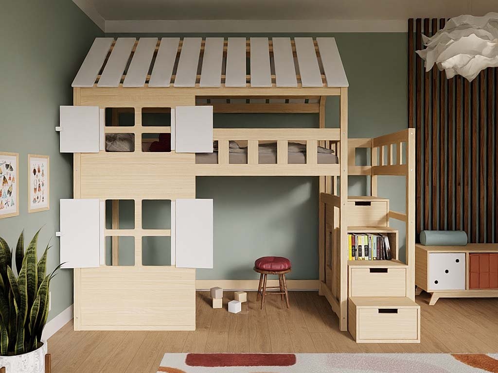 Kinderbed huisje COTTAGE – halfhoogslaper met opbergtrap 90x200 – afbeelding 2